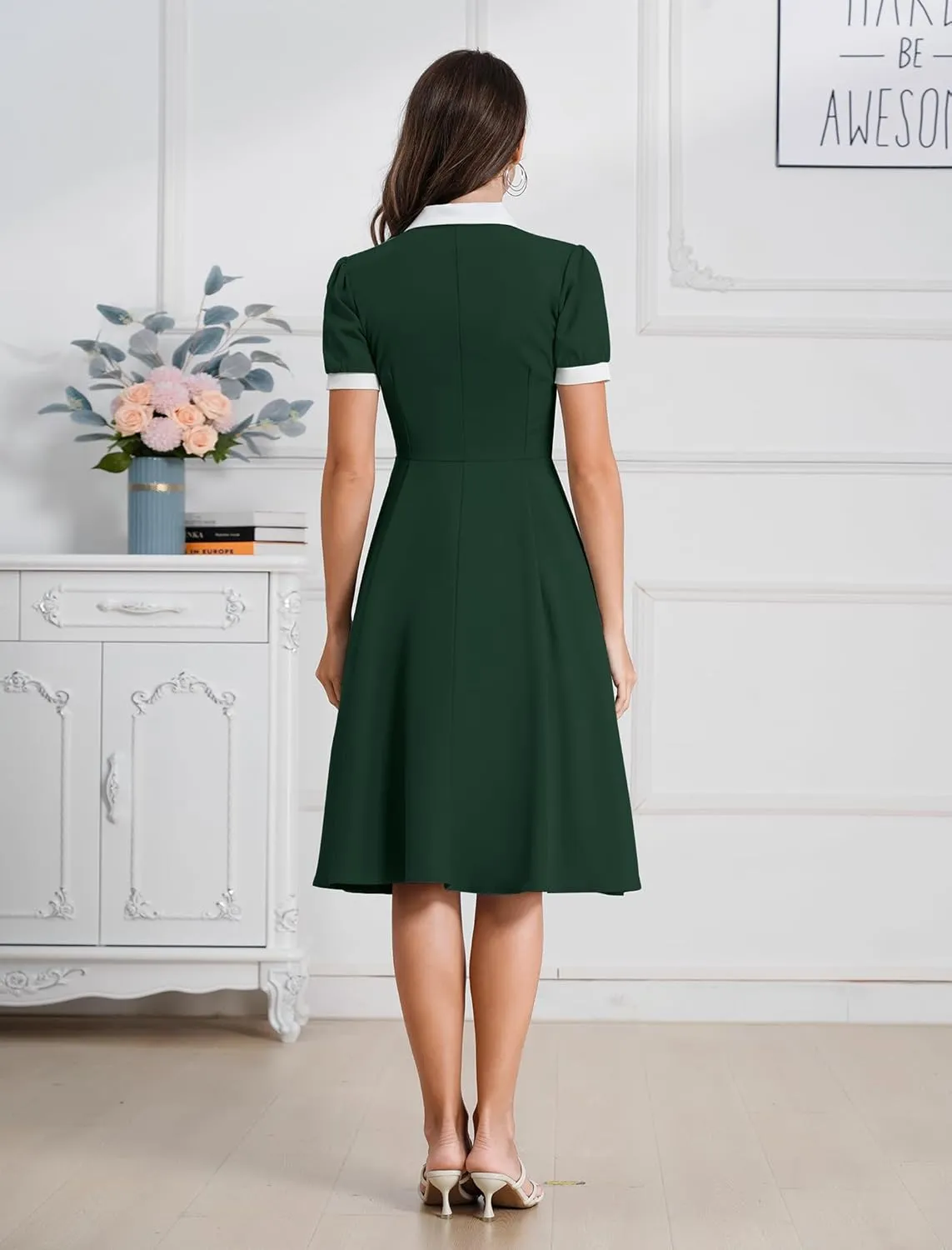 ODIZLI 1950s Dresses for Women 50s Dress Retro Dress Short Puff Sleeve V Neck Swing Dress Cocktail Dress