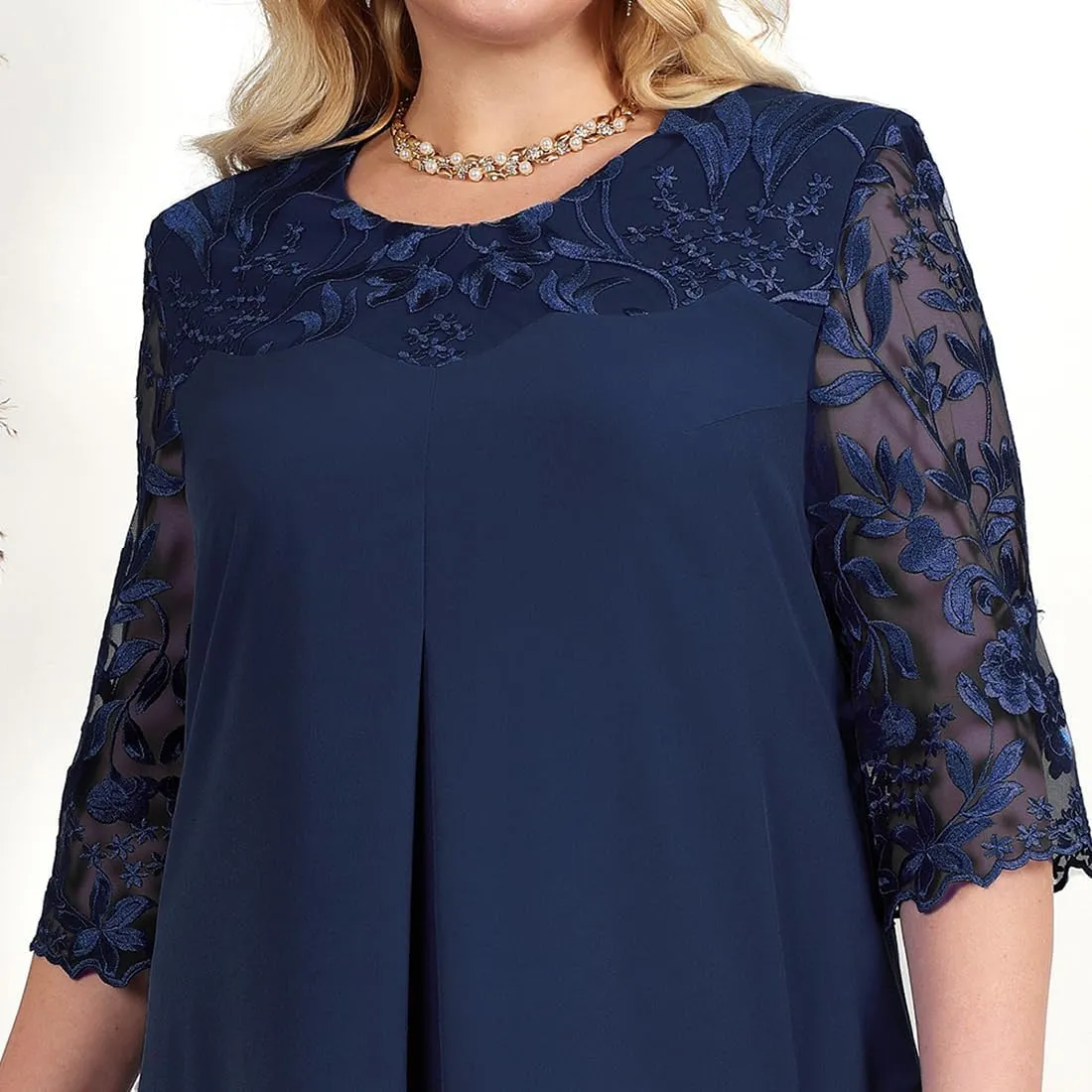 ODIZLI Plus Size Womens Chiffon Cocktail Dress Half Sleeve Wedding Guest Party Pleated Midi Dresses