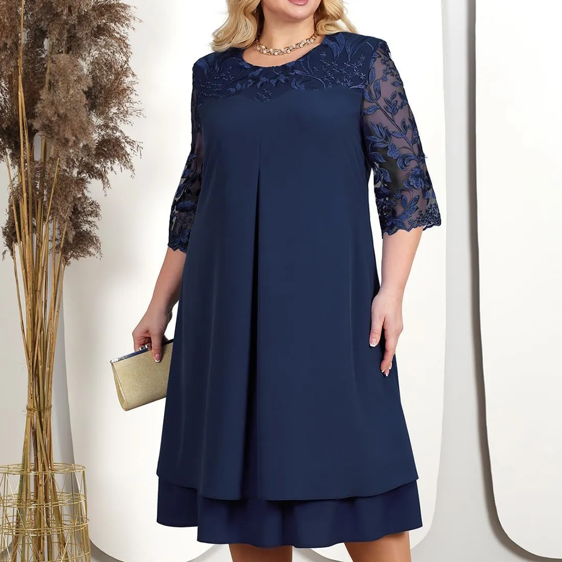 ODIZLI Plus Size Womens Chiffon Cocktail Dress Half Sleeve Wedding Guest Party Pleated Midi Dresses