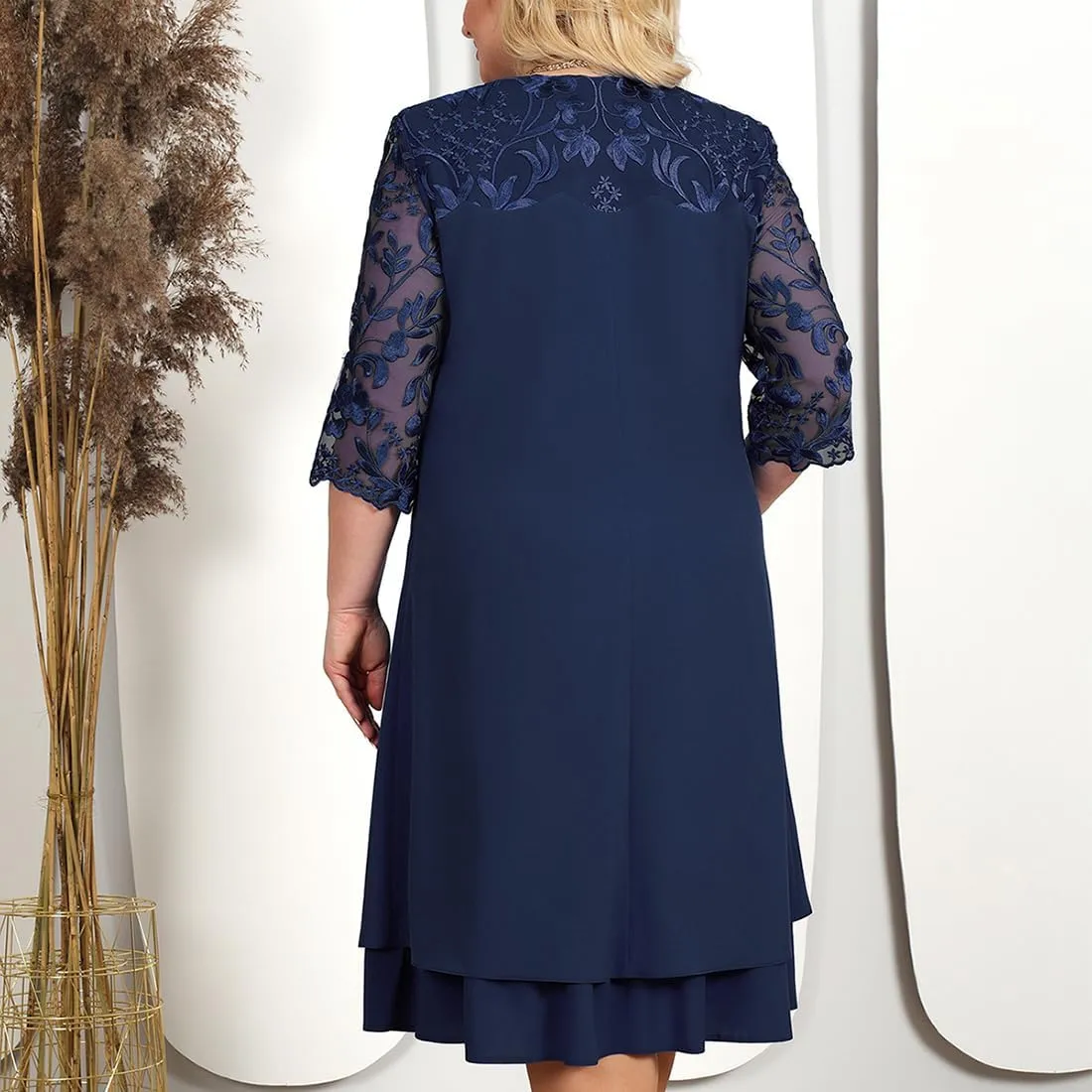 ODIZLI Plus Size Womens Chiffon Cocktail Dress Half Sleeve Wedding Guest Party Pleated Midi Dresses