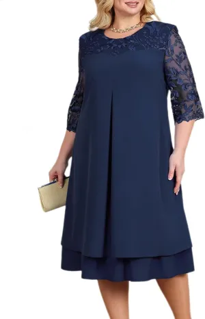ODIZLI Plus Size Womens Chiffon Cocktail Dress Half Sleeve Wedding Guest Party Pleated Midi Dresses
