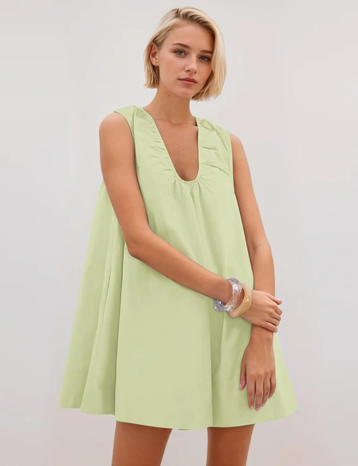 OLAPTA Women Summer Sleeveless Babydoll Mini Tank Dresses Loose Fit Scoop Neck Ruched Short Dress with Pockets Party Clubwear