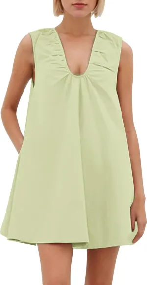 OLAPTA Women Summer Sleeveless Babydoll Mini Tank Dresses Loose Fit Scoop Neck Ruched Short Dress with Pockets Party Clubwear