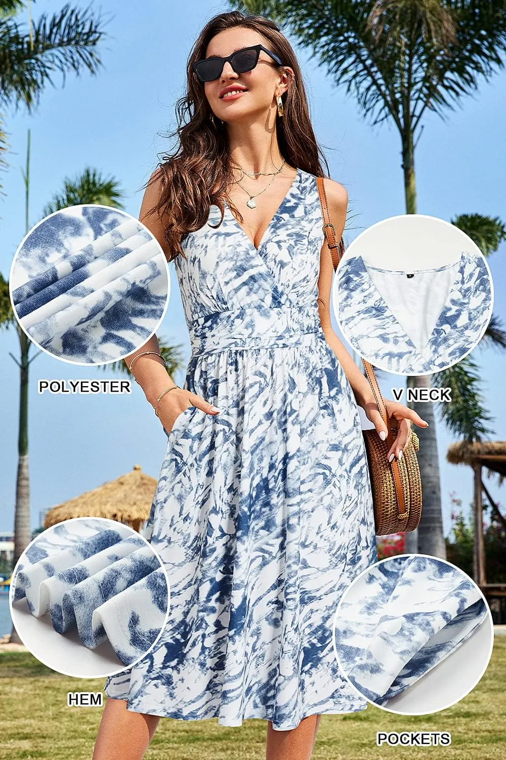 OUGES Women's Summer Spaghetti Strap V-Neck Floral Short Party Dress with Pockets
