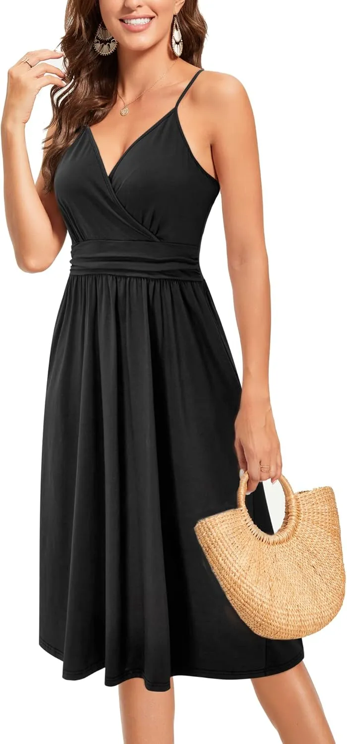OUGES Women's Summer Spaghetti Strap V-Neck Floral Short Party Dress with Pockets