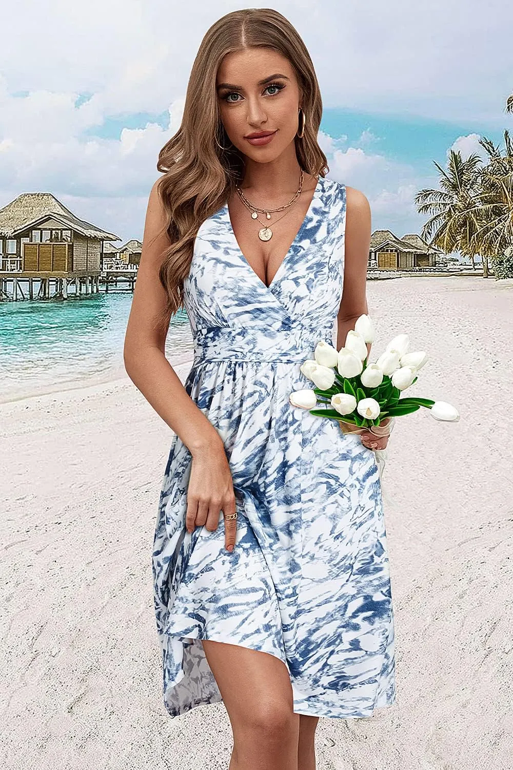OUGES Women's Summer Spaghetti Strap V-Neck Floral Short Party Dress with Pockets