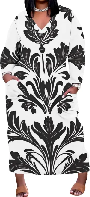 Plus Size Autumn Dresses for Curvy Women 2024 V-Neck Long Sleeve Camouflage Floral Printed Colorful Maxi Dress with Pockets