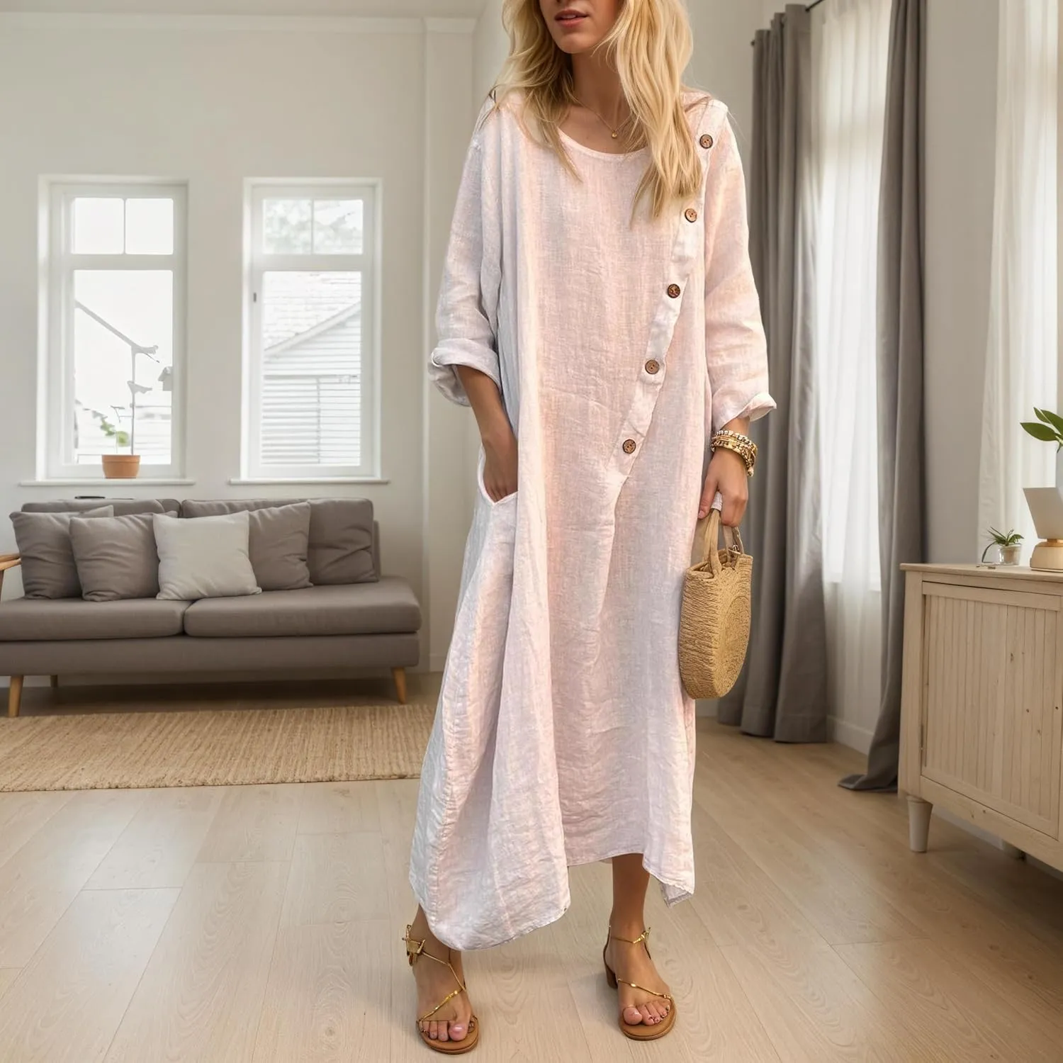 Plus Size Cotton Linen Summer Dresses for Women 2025 Casual Long Sleeve Button Solid Color Midi Dresses with Pockets