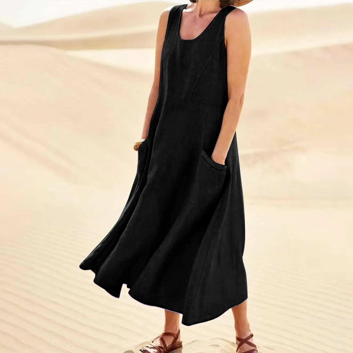 Plus Size Dresses for Curvy Women 2024 Cotton Linen Summer Loose Dress Casual Flowy Pleated Dress with Pocktes