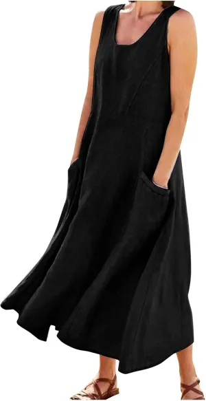 Plus Size Dresses for Curvy Women 2024 Cotton Linen Summer Loose Dress Casual Flowy Pleated Dress with Pocktes