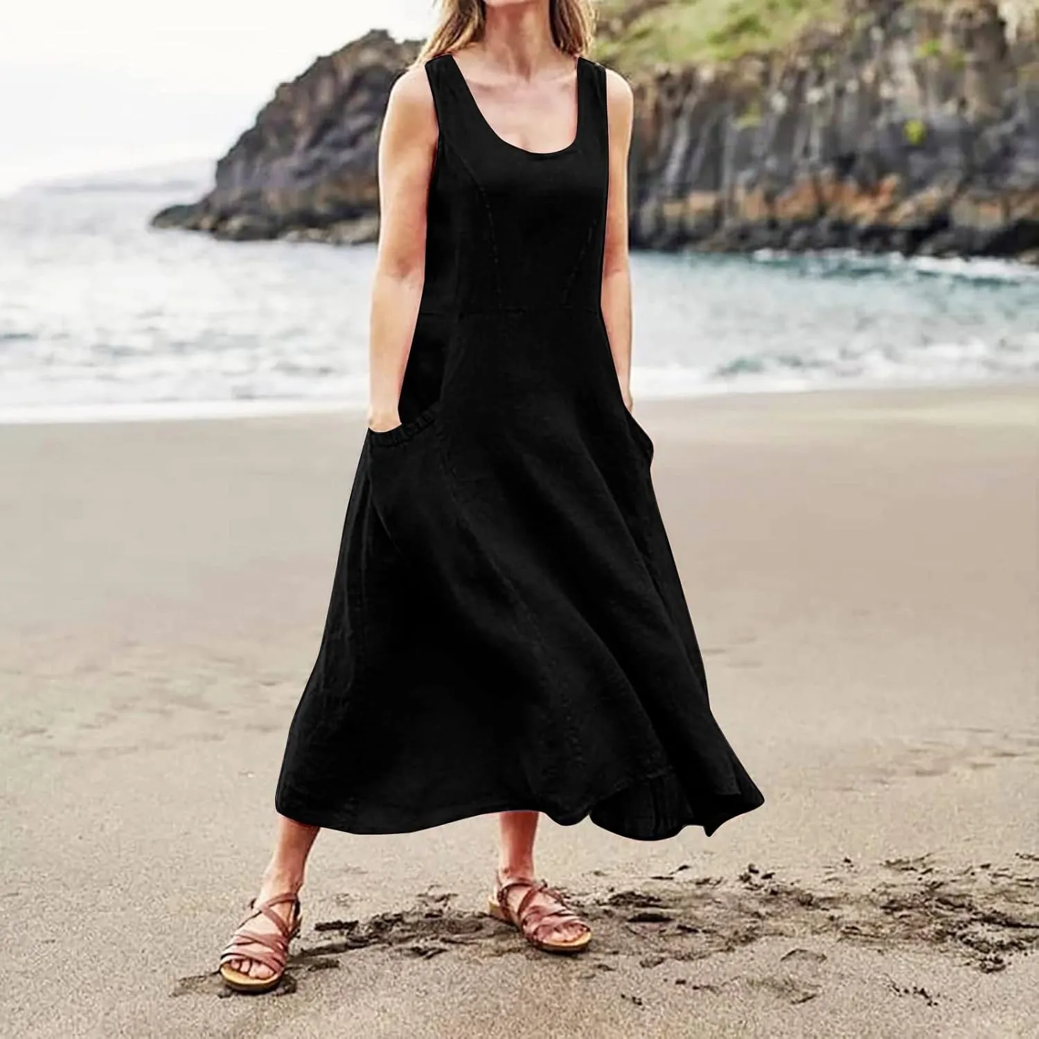 Plus Size Dresses for Curvy Women 2024 Cotton Linen Summer Loose Dress Casual Flowy Pleated Dress with Pocktes