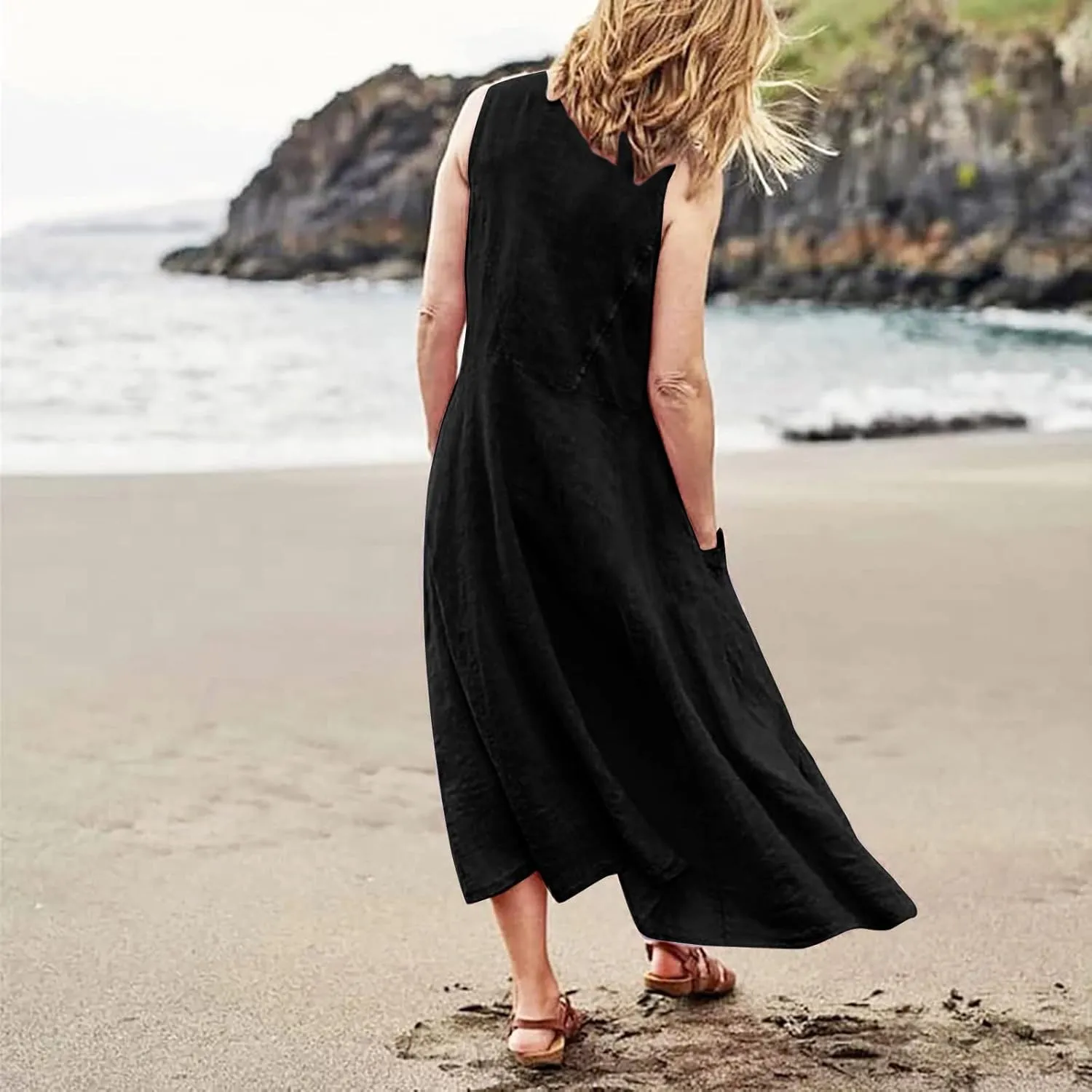 Plus Size Dresses for Curvy Women 2024 Cotton Linen Summer Loose Dress Casual Flowy Pleated Dress with Pocktes