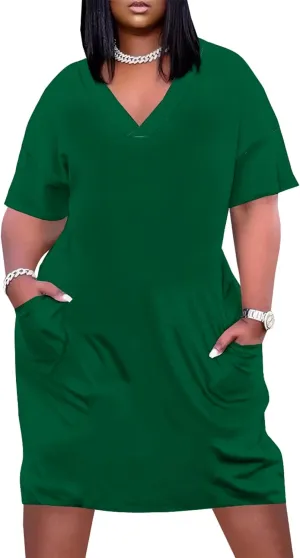 Plus Size Dresses for Curvy Women Summer Casual T shirt Midi Dress Short Sleeve with Pockets Travel Vacation Outfits