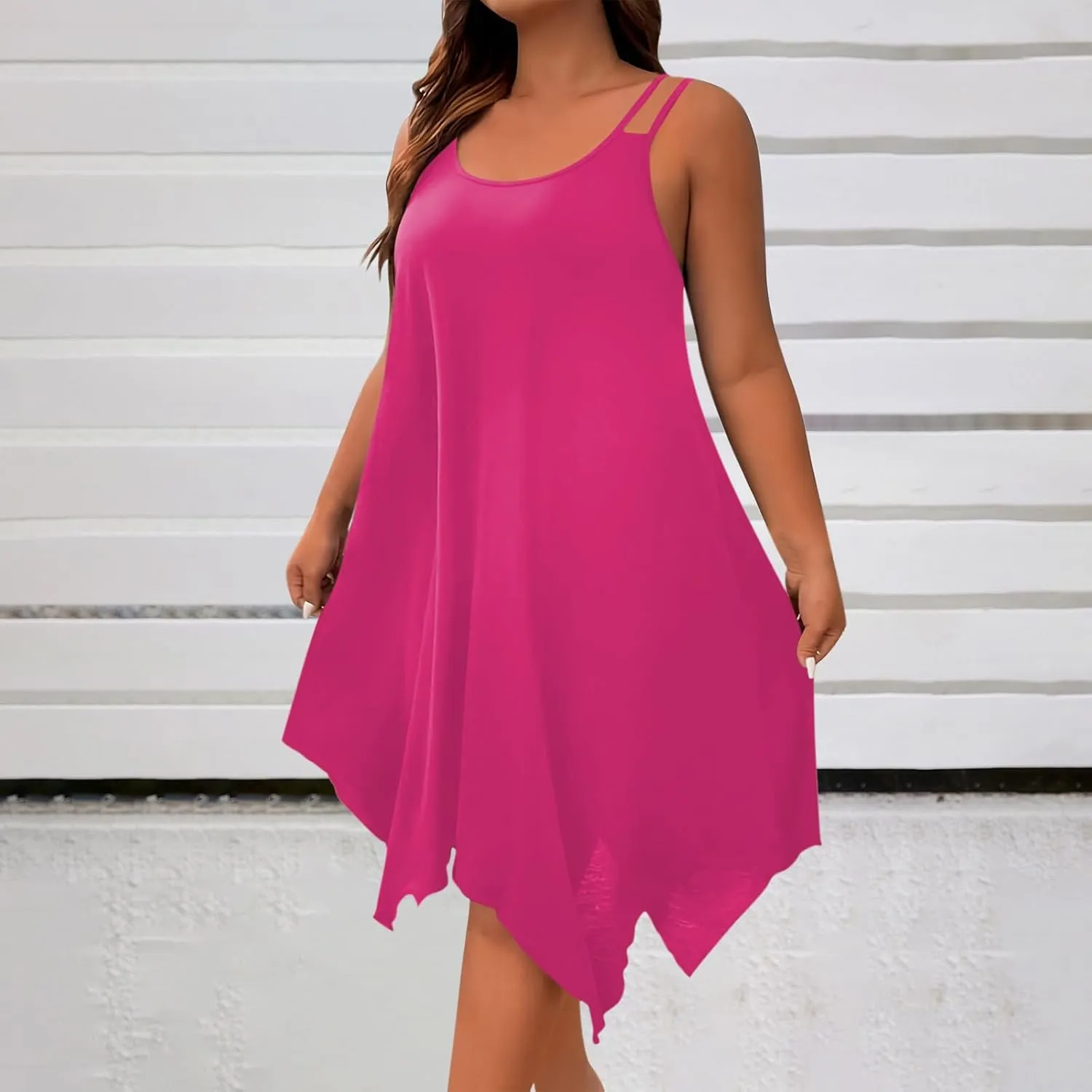 Plus Size Dresses for Curvy Women Summer Scoop Neck Sleeveless Asymmetrical Hem Sundress Flowy Midi Cami Dress