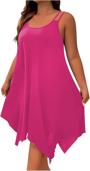 Plus Size Dresses for Curvy Women Summer Scoop Neck Sleeveless Asymmetrical Hem Sundress Flowy Midi Cami Dress