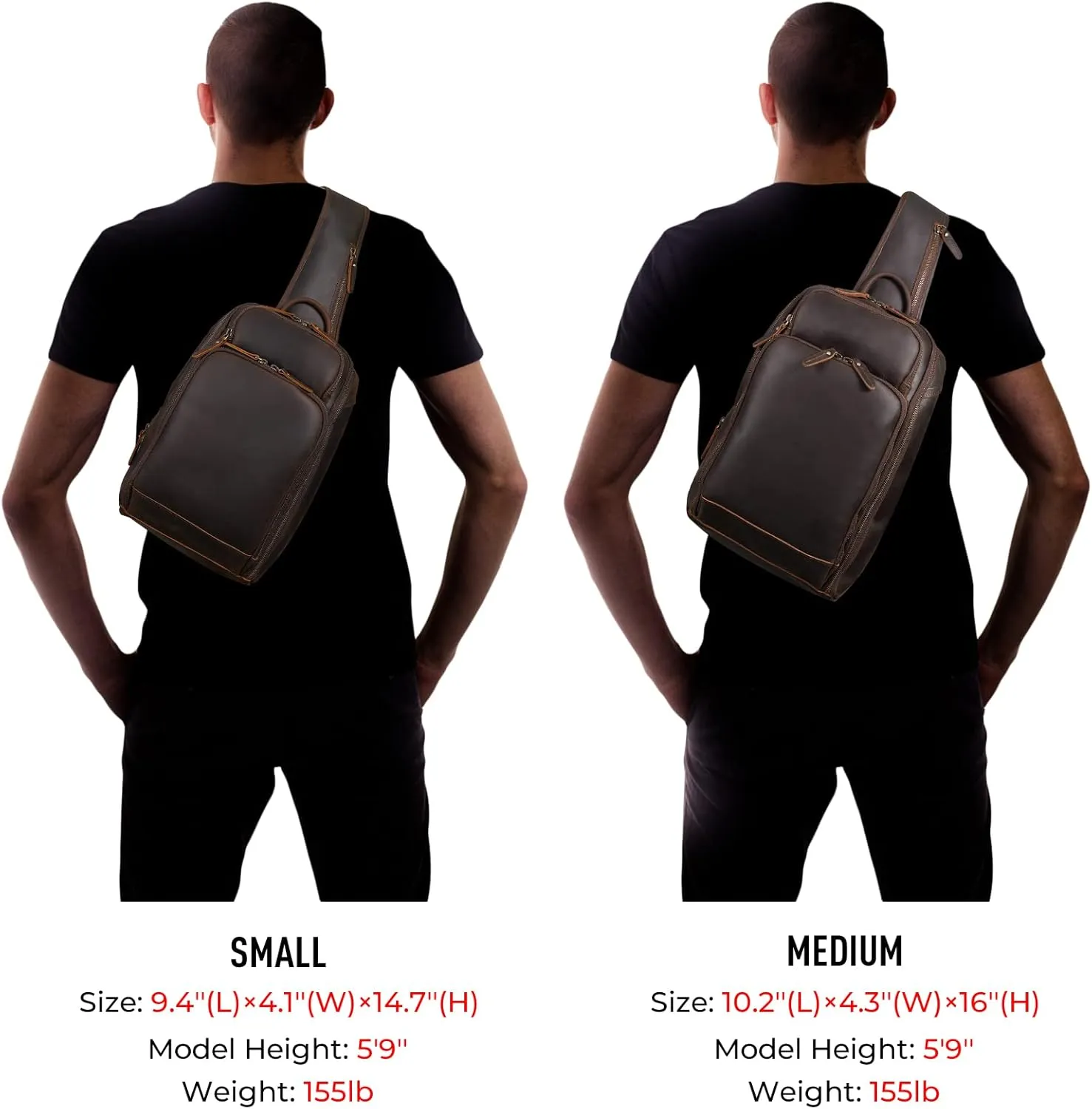 Polare Modern Style Sling Shoulder Bag Mens Travel/Hiking Daypack with Full Grain Italian Leather and YKK Zippers