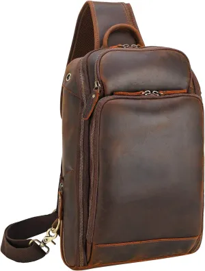 Polare Modern Style Sling Shoulder Bag Mens Travel/Hiking Daypack with Full Grain Italian Leather and YKK Zippers