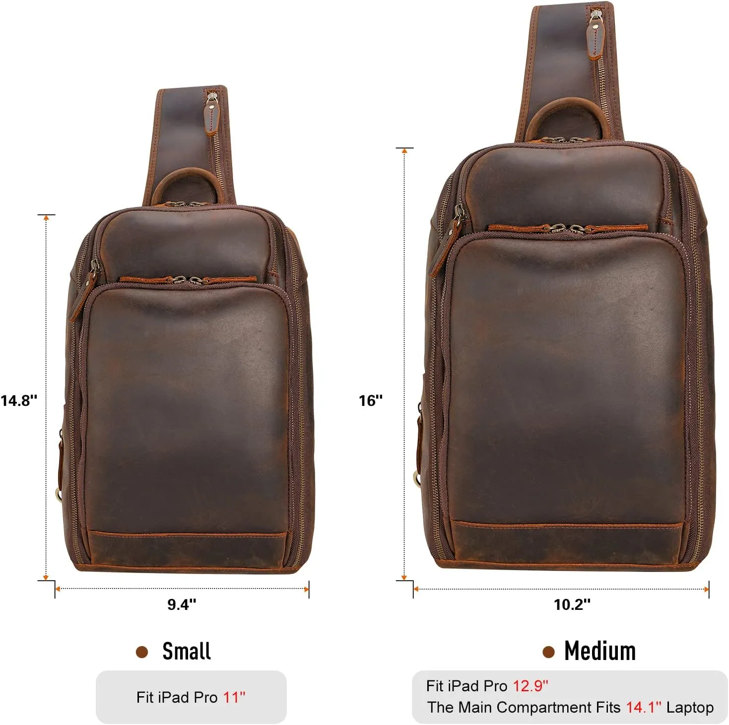 Polare Modern Style Sling Shoulder Bag Mens Travel/Hiking Daypack with Full Grain Italian Leather and YKK Zippers