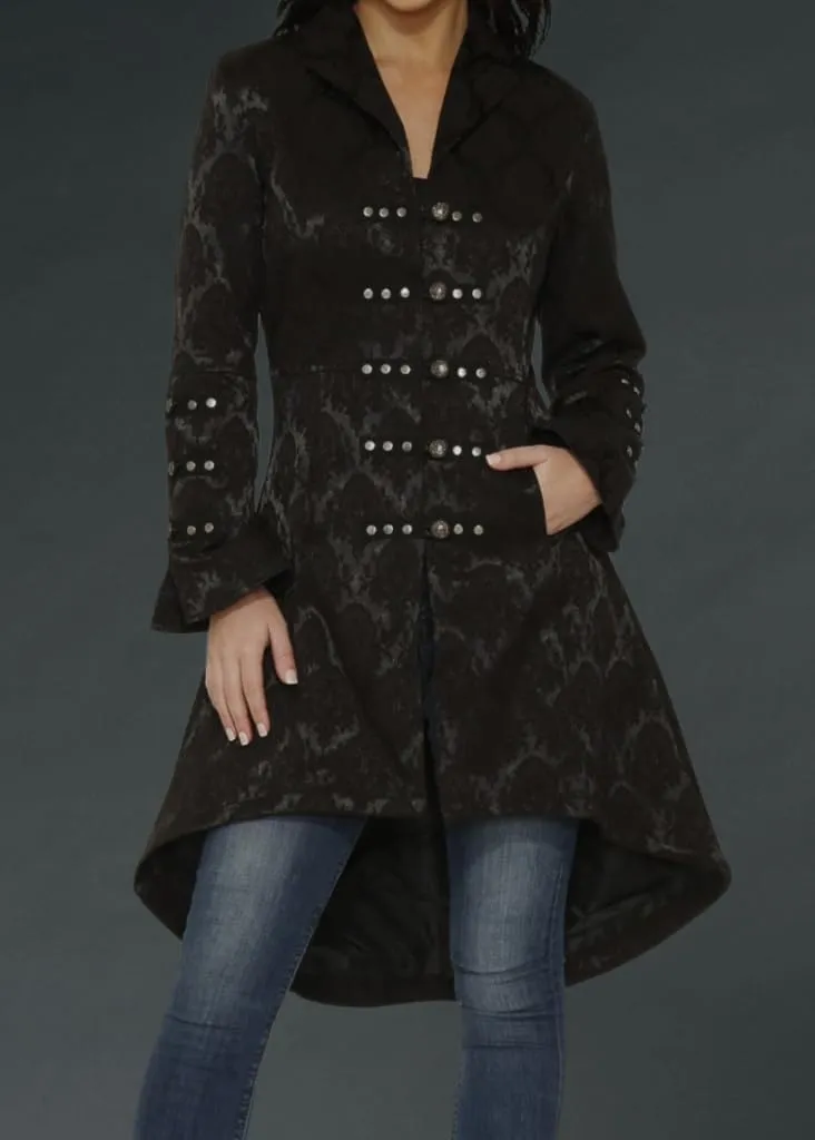 Pretty Attitude Womens Black Brocade Gothic Steampunk Floral Jacket Pirate Coat