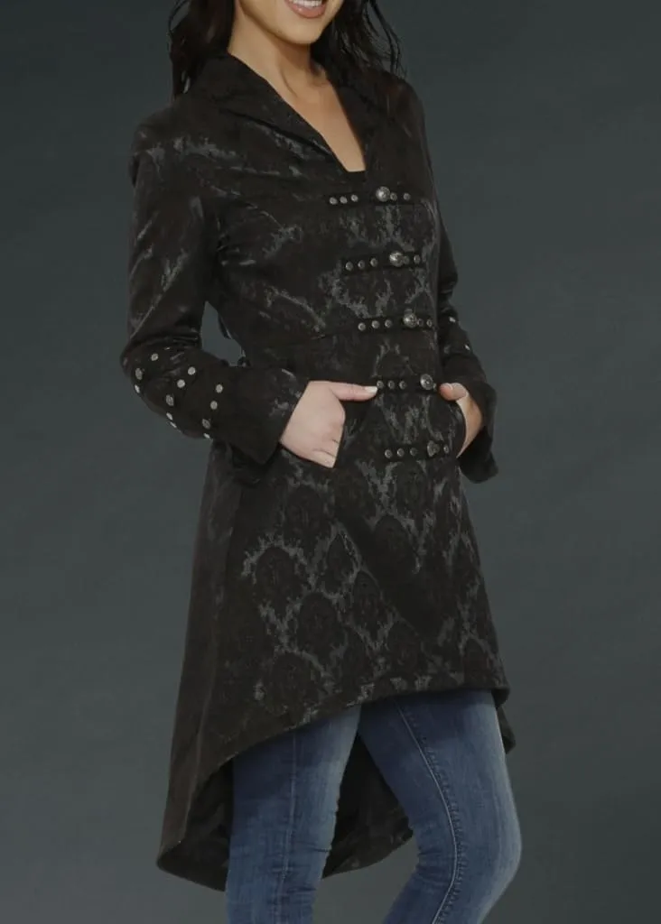 Pretty Attitude Womens Black Brocade Gothic Steampunk Floral Jacket Pirate Coat