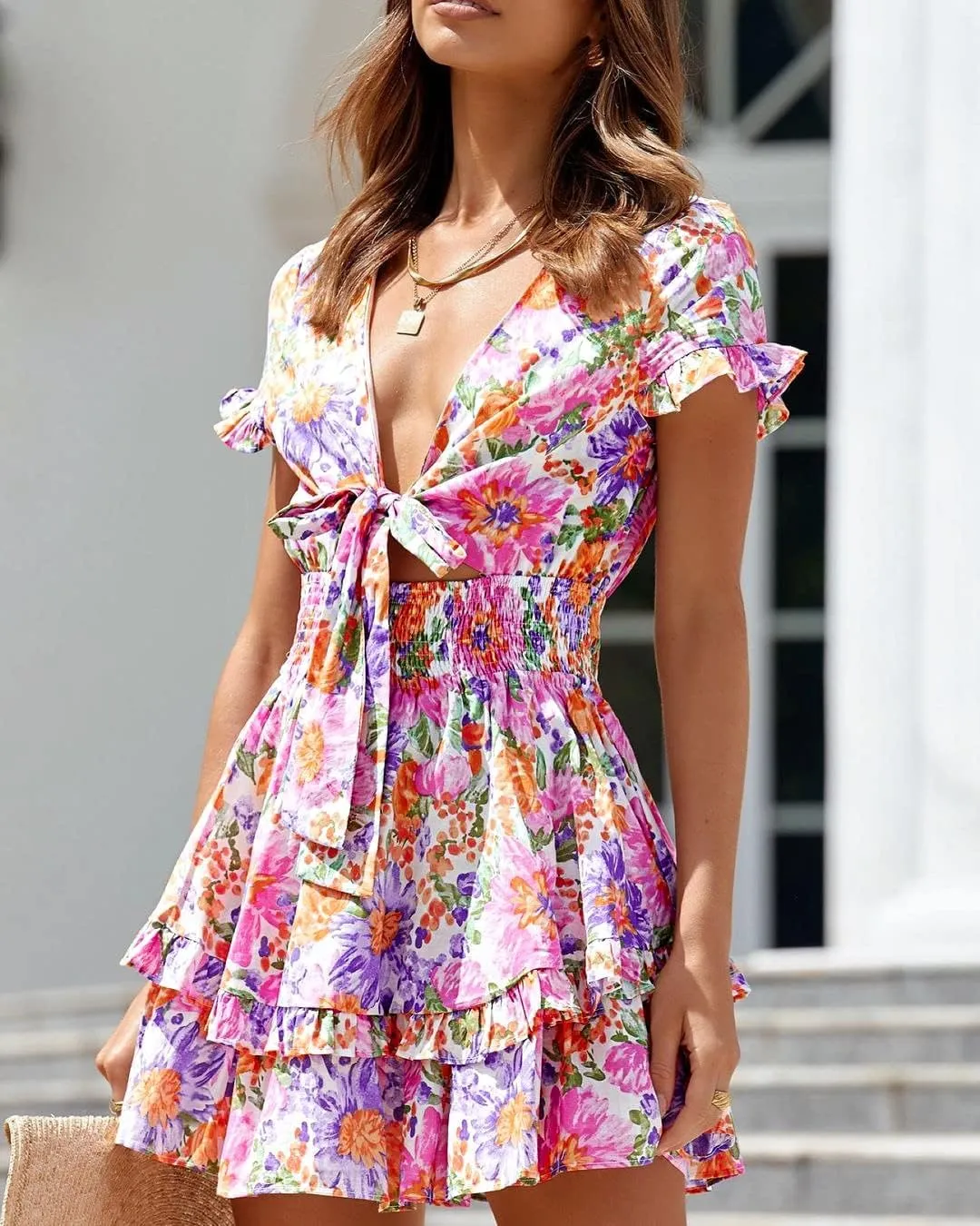 PRETTYGARDEN Women Summer Mini Short Dress 2025 Short Sleeve Casual Beach Vacation Sundress V Neck Tiered Sun Dresses