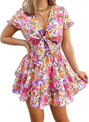 PRETTYGARDEN Women Summer Mini Short Dress 2025 Short Sleeve Casual Beach Vacation Sundress V Neck Tiered Sun Dresses