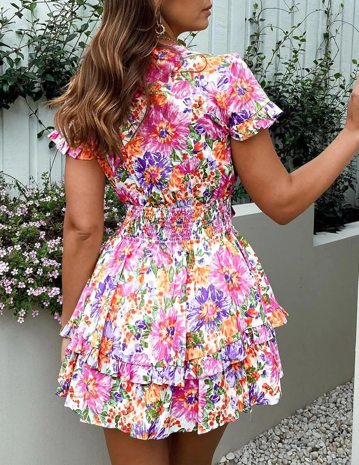PRETTYGARDEN Women Summer Mini Short Dress 2025 Short Sleeve Casual Beach Vacation Sundress V Neck Tiered Sun Dresses
