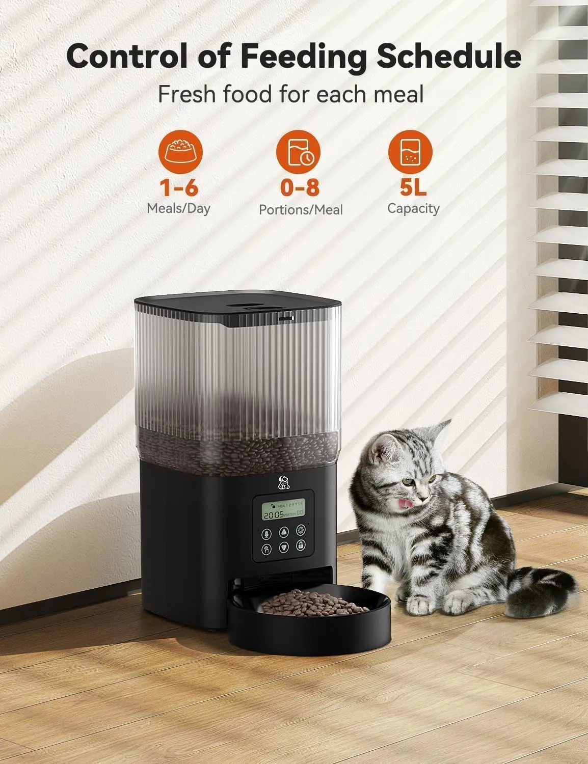Programmable Automatic Pet Feeder for Cats and Dogs, 5L Capacity, 1-6 Meals per Day, Voice Recording Feature & Dual Power Supply