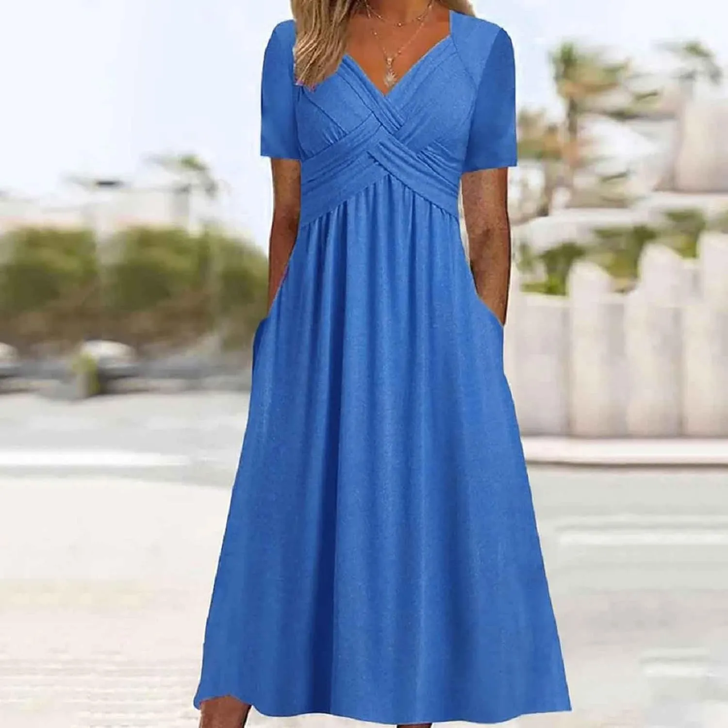 PTOLOCIF Women Fashion Solid Short Sleeve Casual Loose Long Dress with Pockets Dress for Women Beach Summer