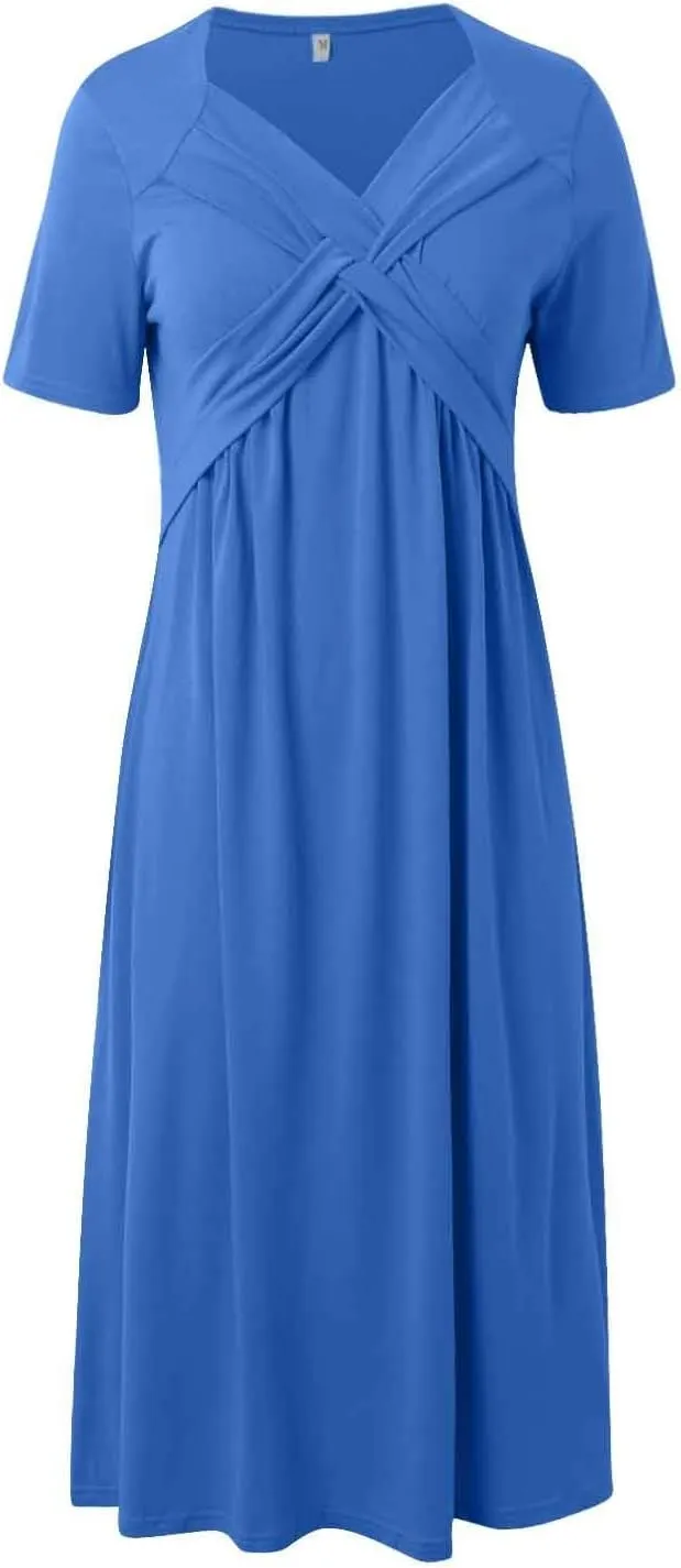 PTOLOCIF Women Fashion Solid Short Sleeve Casual Loose Long Dress with Pockets Dress for Women Beach Summer