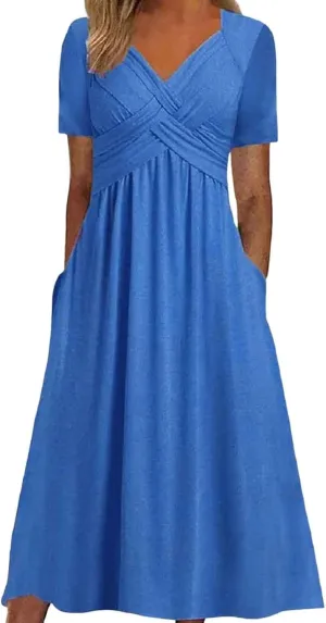 PTOLOCIF Women Fashion Solid Short Sleeve Casual Loose Long Dress with Pockets Dress for Women Beach Summer