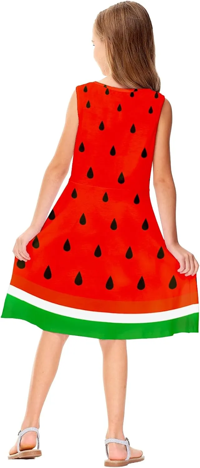 Remimi Girls Summer Sleeveless Dress Tropical Print Skater Twirly Dresses 3-14 Years