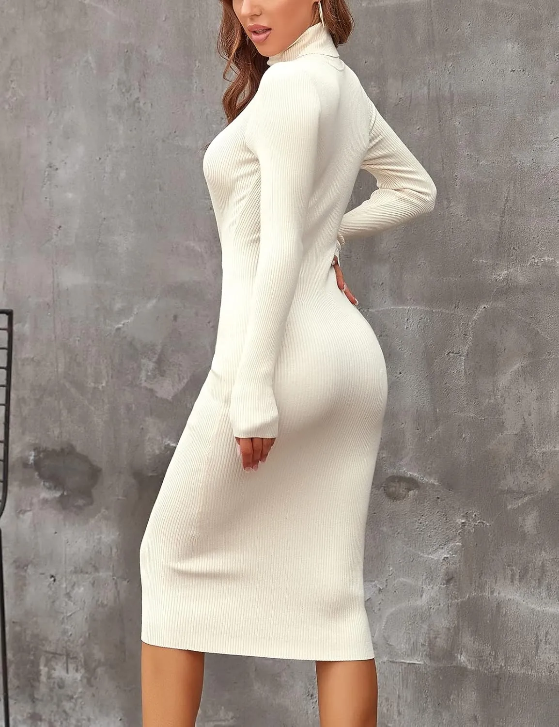 Rocorose Women's Turtleneck Ribbed Elbow Long Sleeve Knit Sweater Dress