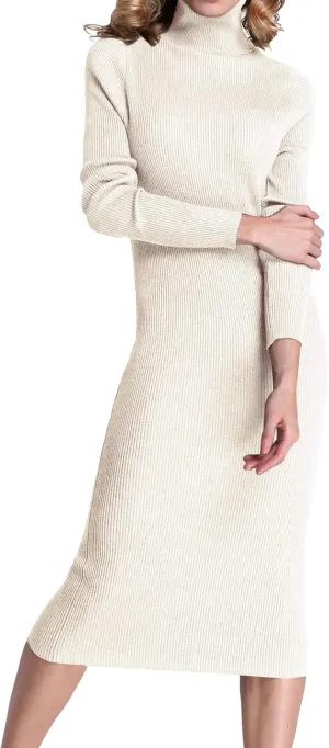 Rocorose Women's Turtleneck Ribbed Elbow Long Sleeve Knit Sweater Dress