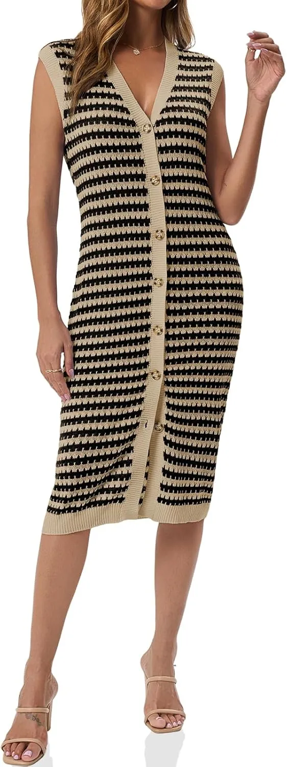 Saodimallsu Womens Striped Midi Dress Summer Button Down Sleeveless V Neck Knit Sweater Dresses Long Cardigan Vest