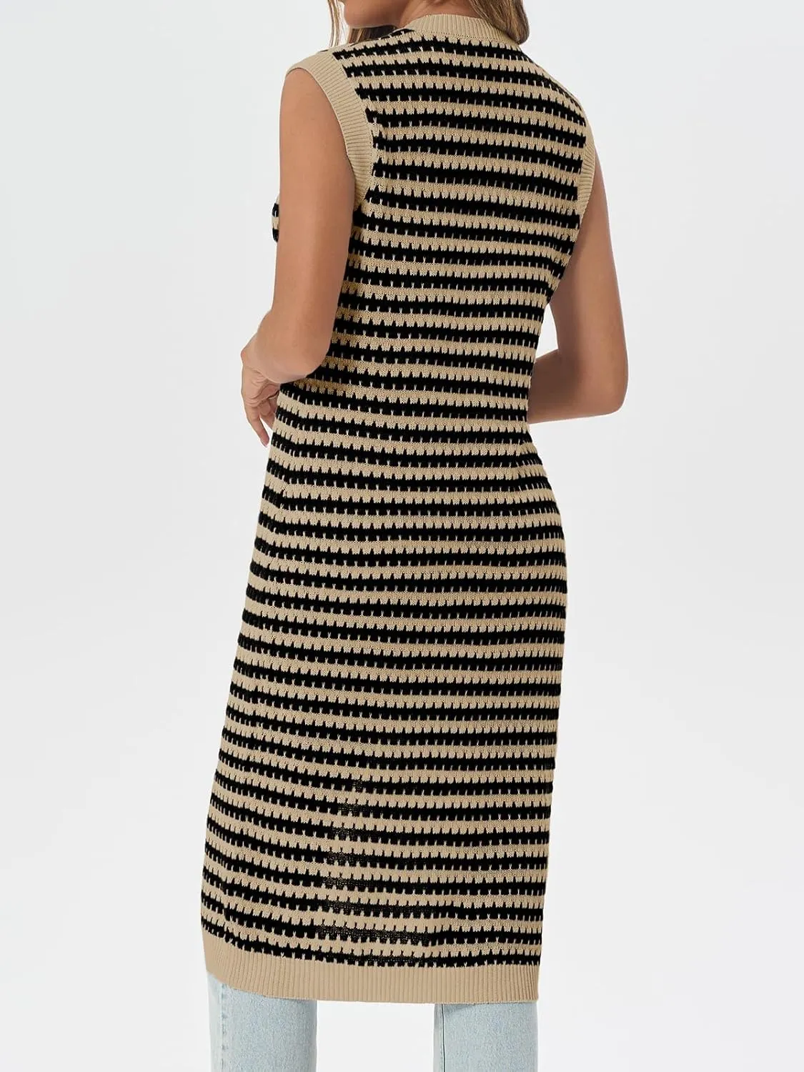 Saodimallsu Womens Striped Midi Dress Summer Button Down Sleeveless V Neck Knit Sweater Dresses Long Cardigan Vest