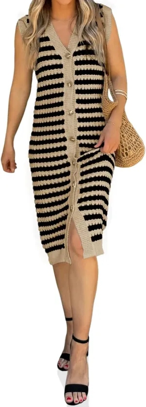 Saodimallsu Womens Striped Midi Dress Summer Button Down Sleeveless V Neck Knit Sweater Dresses Long Cardigan Vest
