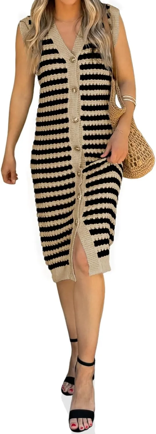 Saodimallsu Womens Striped Midi Dress Summer Button Down Sleeveless V Neck Knit Sweater Dresses Long Cardigan Vest
