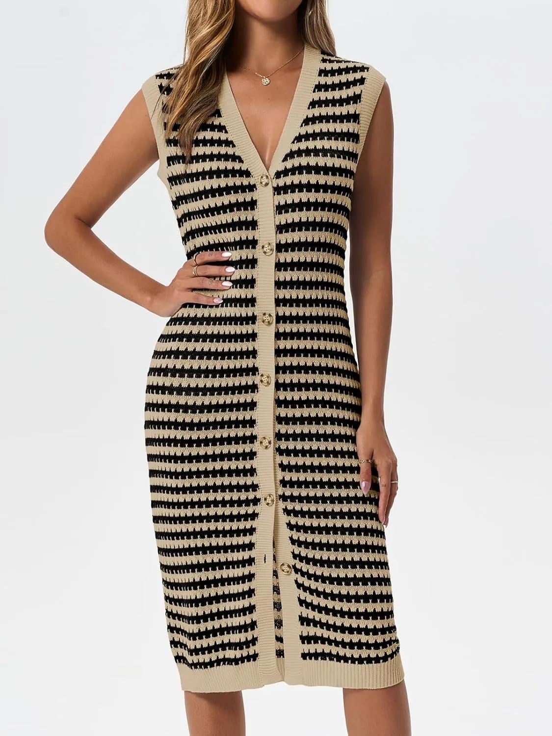 Saodimallsu Womens Striped Midi Dress Summer Button Down Sleeveless V Neck Knit Sweater Dresses Long Cardigan Vest