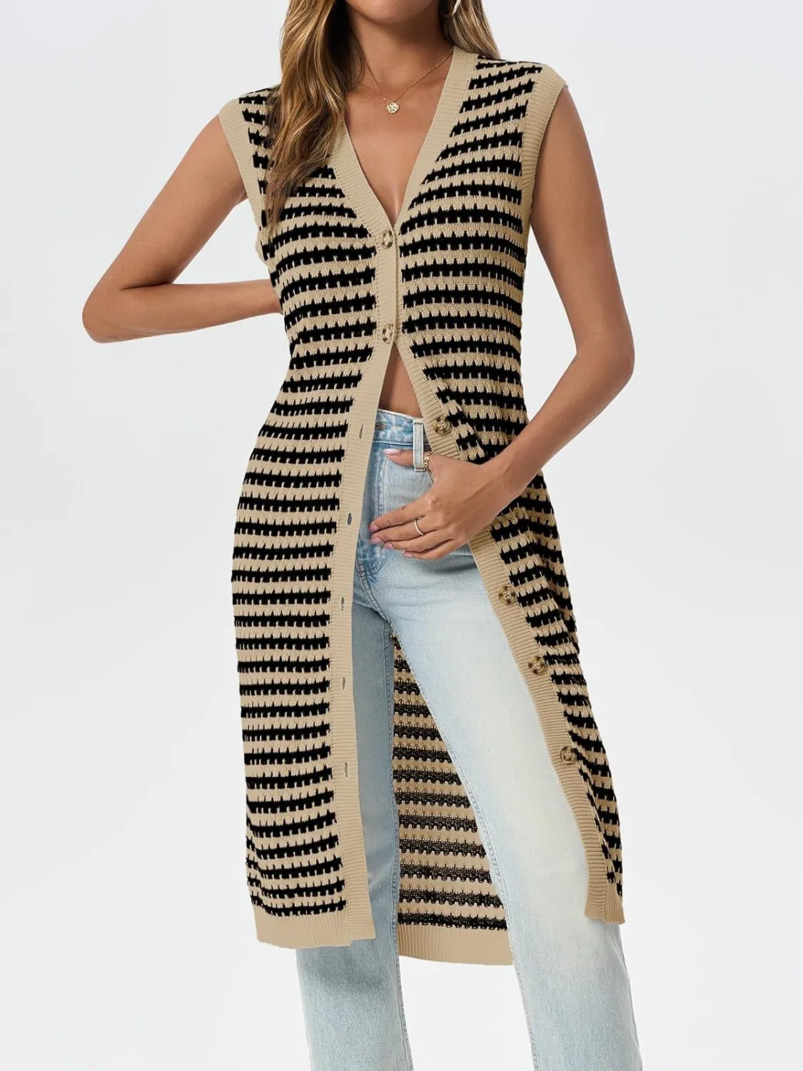 Saodimallsu Womens Striped Midi Dress Summer Button Down Sleeveless V Neck Knit Sweater Dresses Long Cardigan Vest