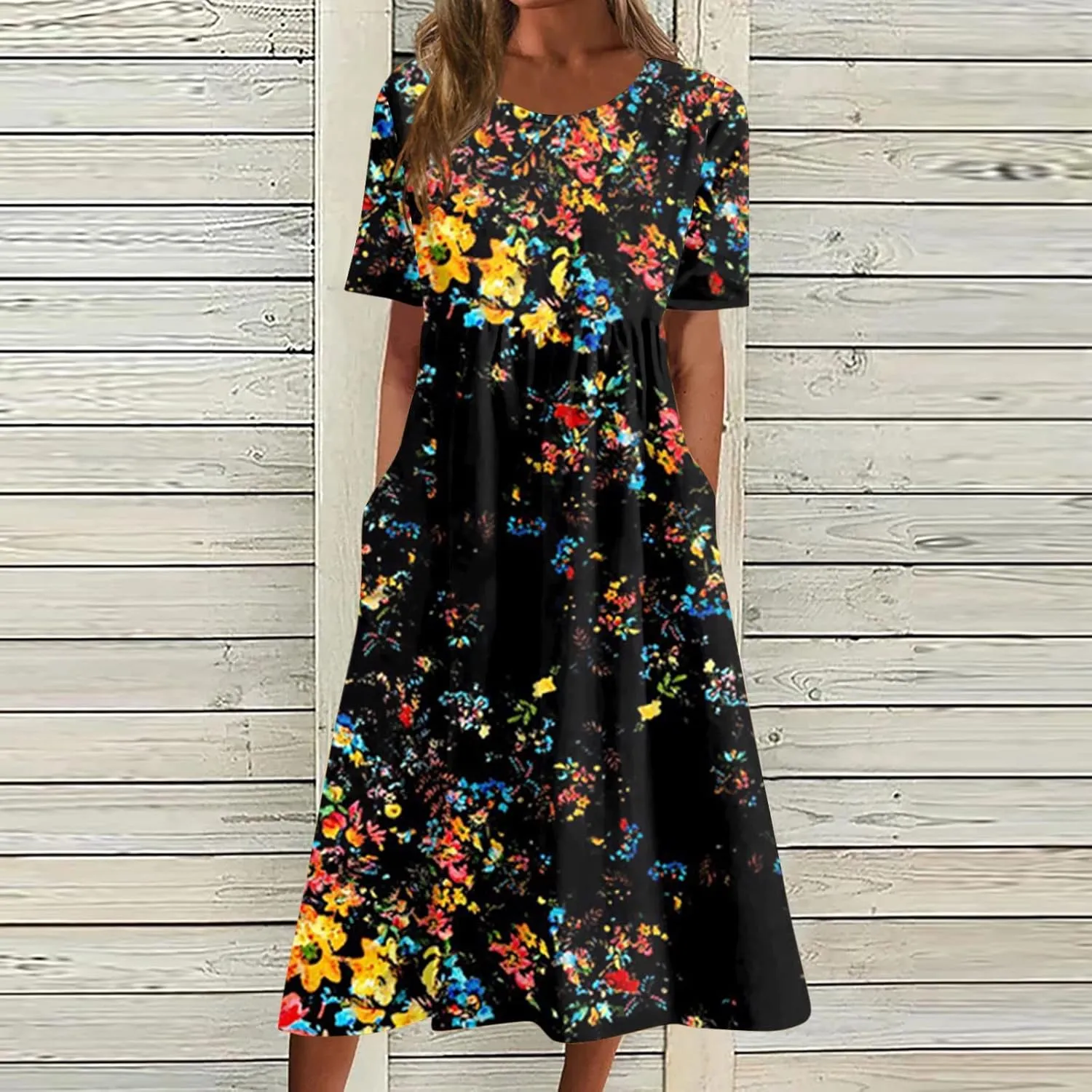 SGASY Plus Size Summer Dress 2024 Womens Short Sleeve Boho Floral Tshirt Dress Casual Loose Beach Vacation Midi Dresses