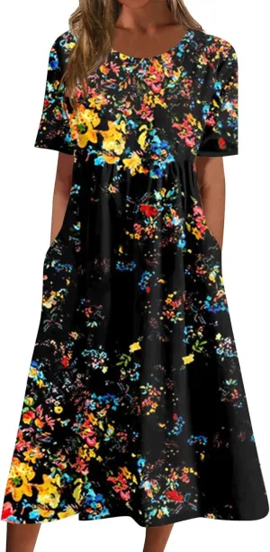 SGASY Plus Size Summer Dress 2024 Womens Short Sleeve Boho Floral Tshirt Dress Casual Loose Beach Vacation Midi Dresses