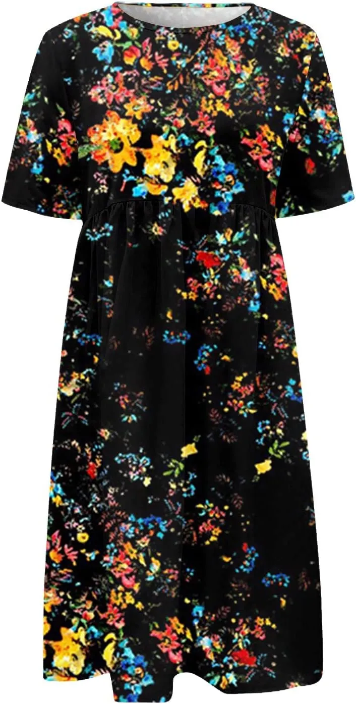SGASY Plus Size Summer Dress 2024 Womens Short Sleeve Boho Floral Tshirt Dress Casual Loose Beach Vacation Midi Dresses