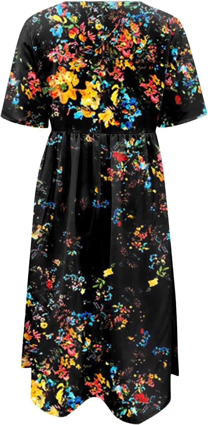 SGASY Plus Size Summer Dress 2024 Womens Short Sleeve Boho Floral Tshirt Dress Casual Loose Beach Vacation Midi Dresses