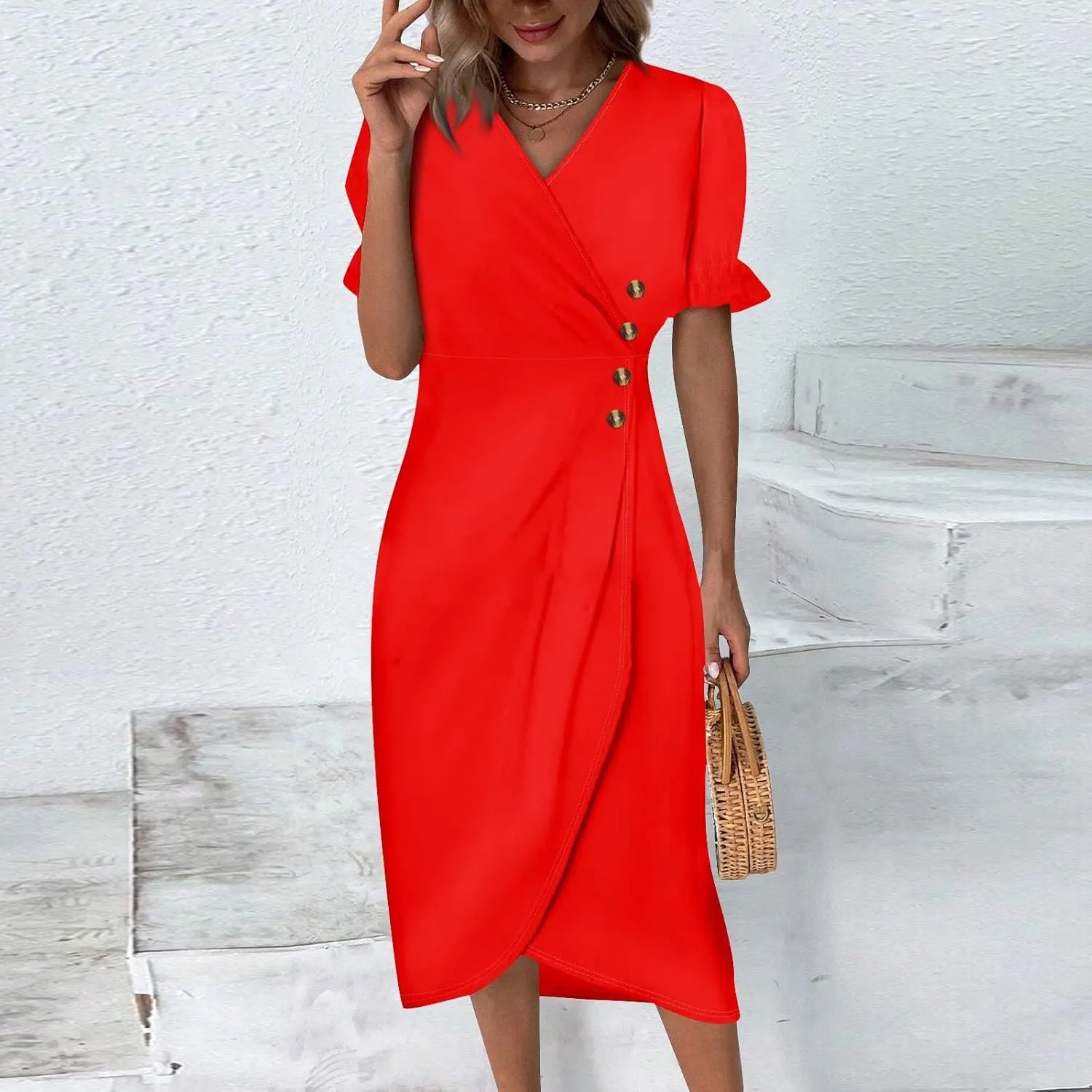 Shift Dresses for Women Faux Wrap Irregular Hem Boho Midi-Dress Elegant Summer 2025 Trendy