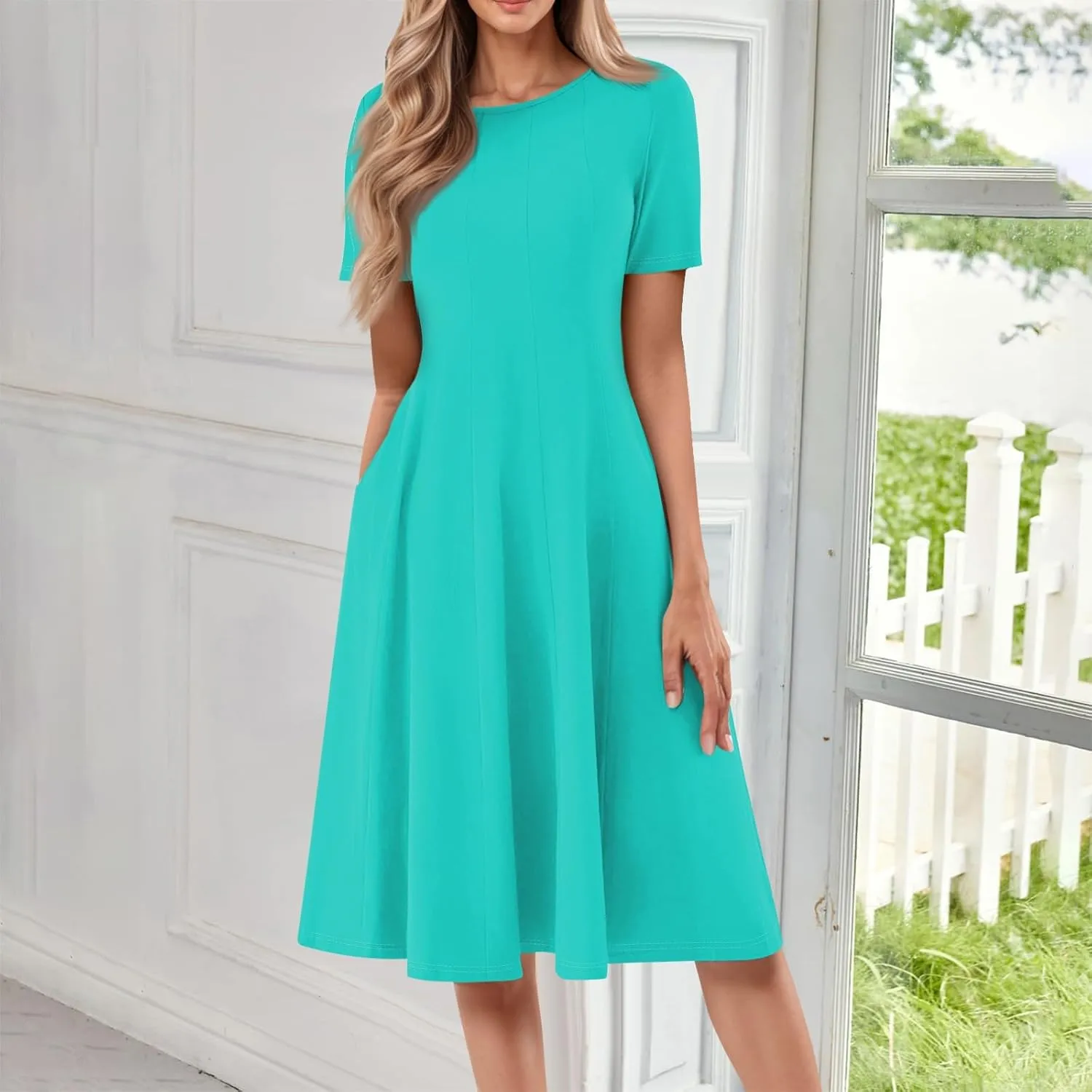 Shirt Dresses for Women Spring Midi Dresses Short Sleeve Dress Crew Neck A Line Elegant Dress with Pocket