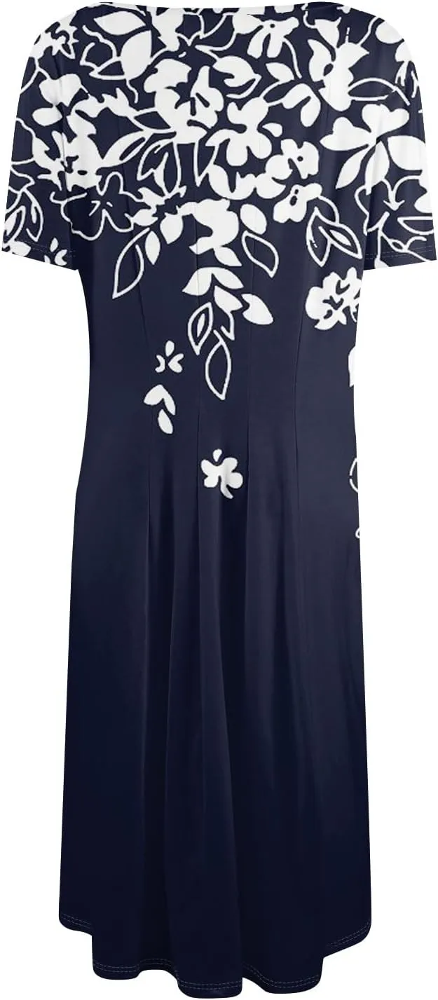 Shirt Dresses for Women Spring Midi Dresses Short Sleeve Dress Crew Neck A Line Elegant Dress with Pocket