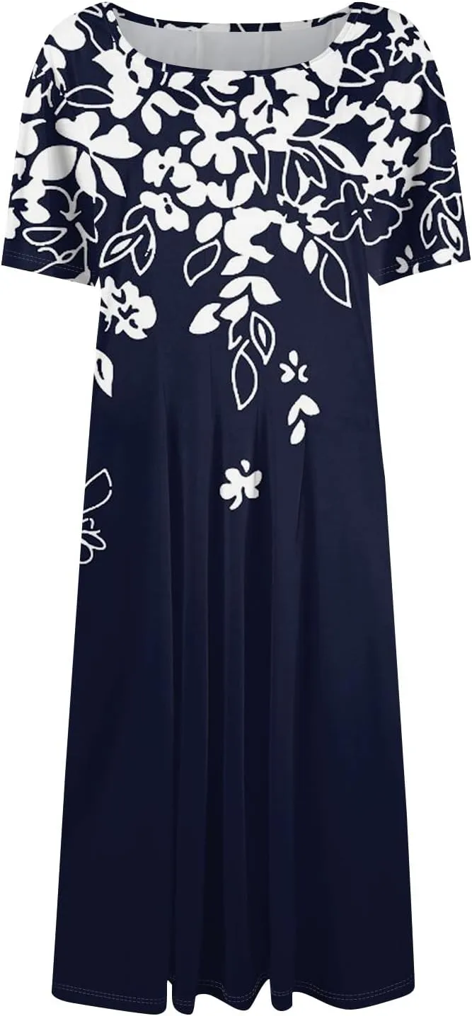 Shirt Dresses for Women Spring Midi Dresses Short Sleeve Dress Crew Neck A Line Elegant Dress with Pocket