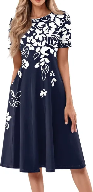 Shirt Dresses for Women Spring Midi Dresses Short Sleeve Dress Crew Neck A Line Elegant Dress with Pocket