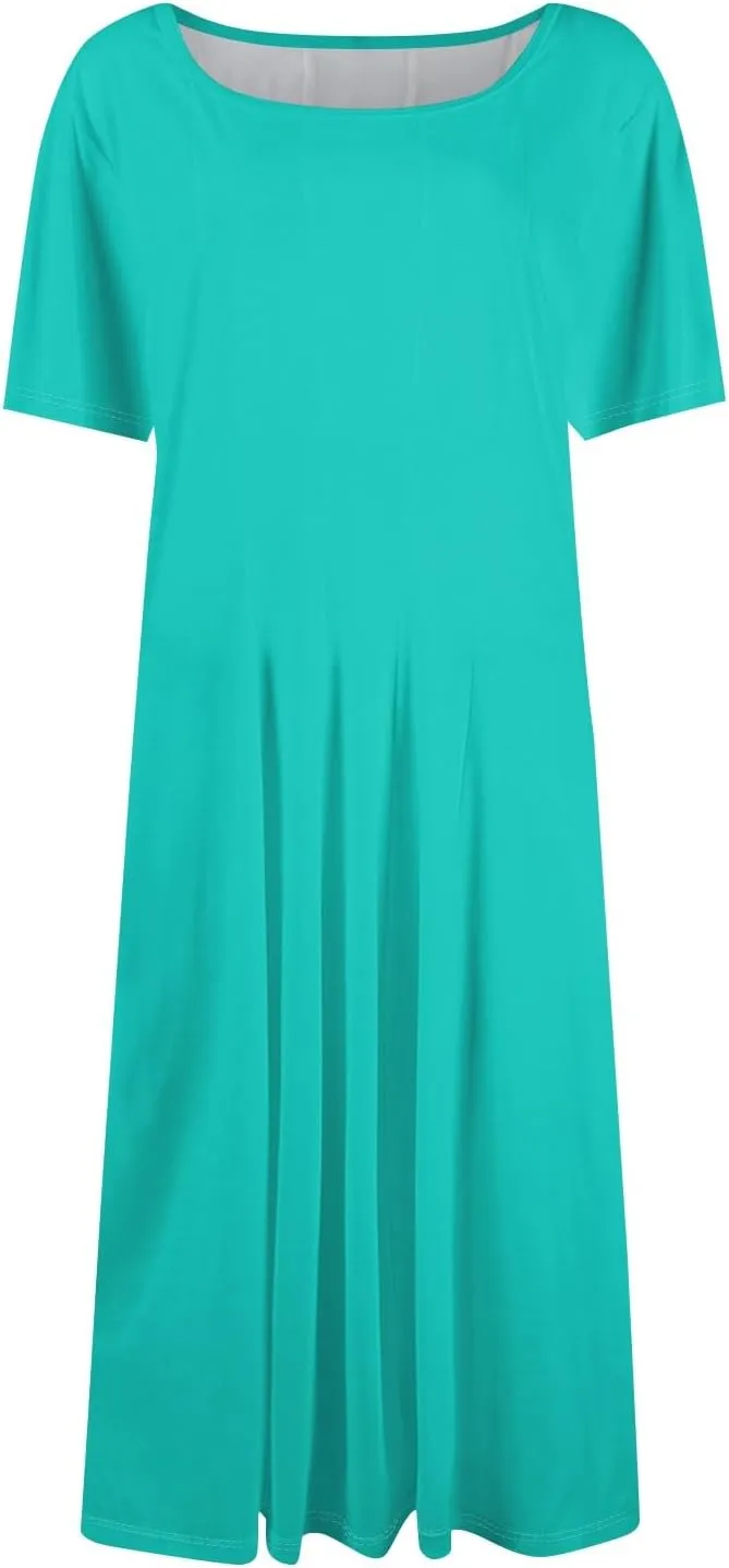 Shirt Dresses for Women Spring Midi Dresses Short Sleeve Dress Crew Neck A Line Elegant Dress with Pocket